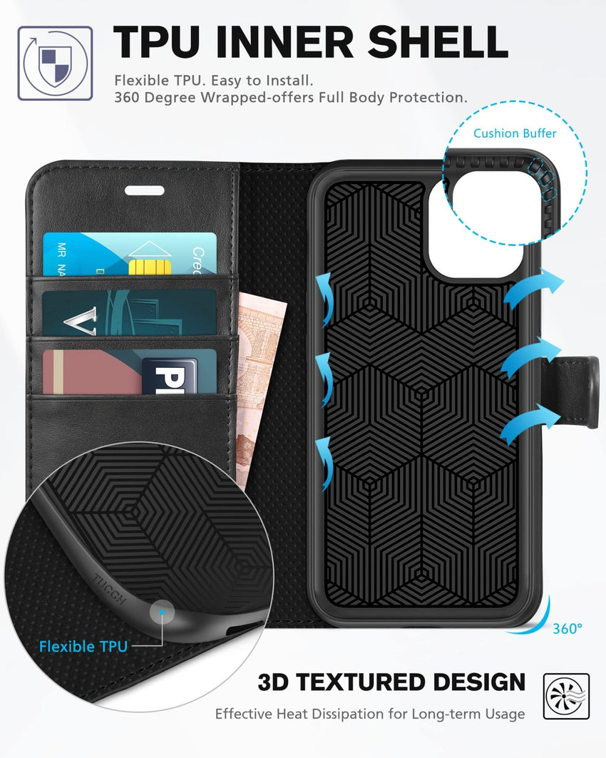 iPhone 11, [RFID Blocking] Card Slots Stand Magnetic Closure, Protective PU Leather [Shockproof TPU Interior Case] Flip Cover Compatible with iPhone 11 (2019 6.1 inch), Black - 7DAY'S