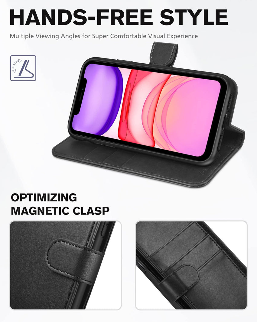 iPhone 11, [RFID Blocking] Card Slots Stand Magnetic Closure, Protective PU Leather [Shockproof TPU Interior Case] Flip Cover Compatible with iPhone 11 (2019 6.1 inch), Black - 7DAY'S