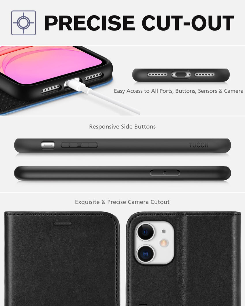 iPhone 11, [RFID Blocking] Card Slots Stand Magnetic Closure, Protective PU Leather [Shockproof TPU Interior Case] Flip Cover Compatible with iPhone 11 (2019 6.1 inch), Black - 7DAY'S