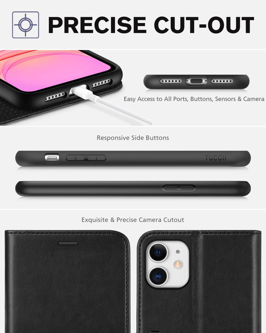 iPhone 11, [RFID Blocking] Card Slots Stand Magnetic Closure, Protective PU Leather [Shockproof TPU Interior Case] Flip Cover Compatible with iPhone 11 (2019 6.1 inch), Black - 7DAY'S