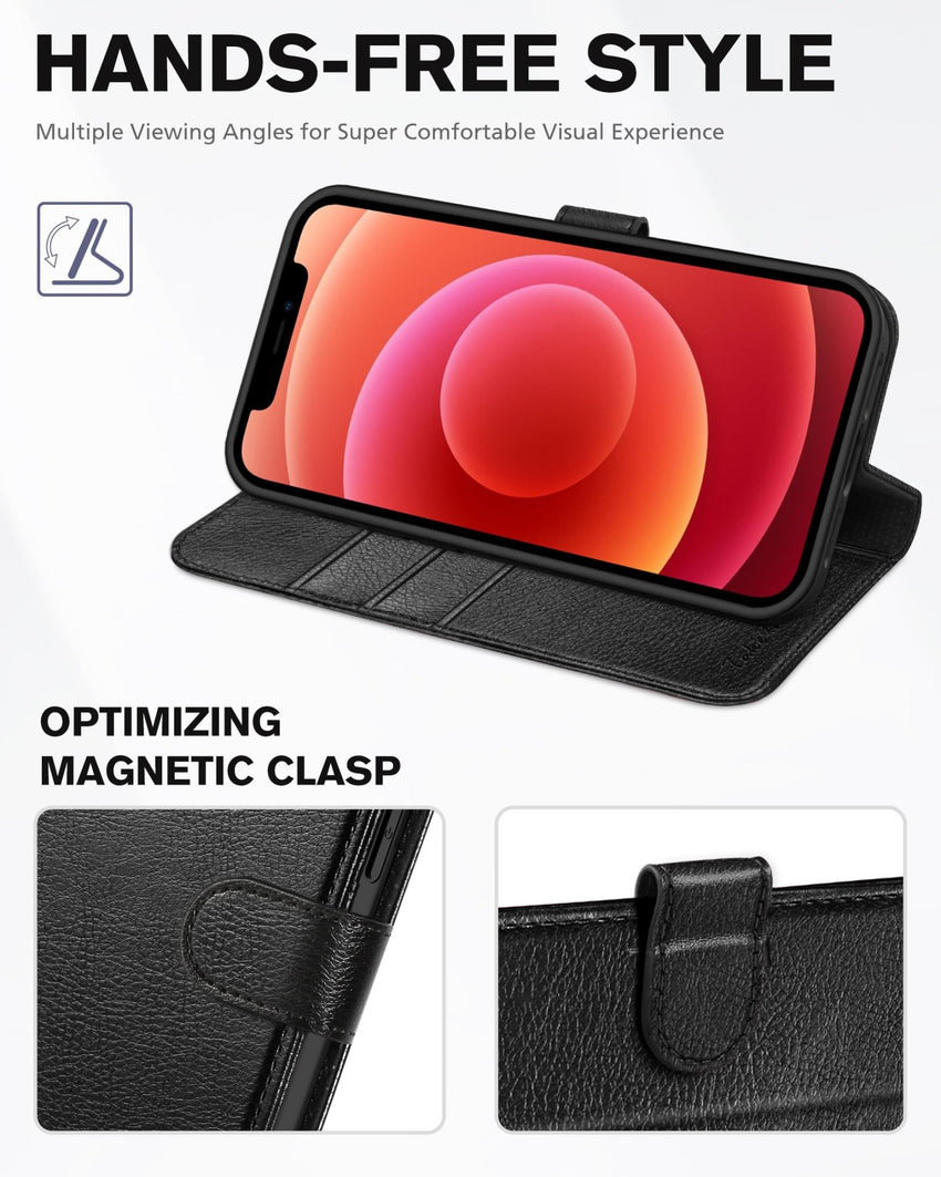 iPhone 12 /iPhone 12 Pro 5G, RFID Blocking Card Slot Stand [Shockproof TPU Interior Case] PU Leather Magnetic Protect Flip Cover Compatible with iPhone 12 Pro/12 6.1 - inch, Black - 7DAY'S