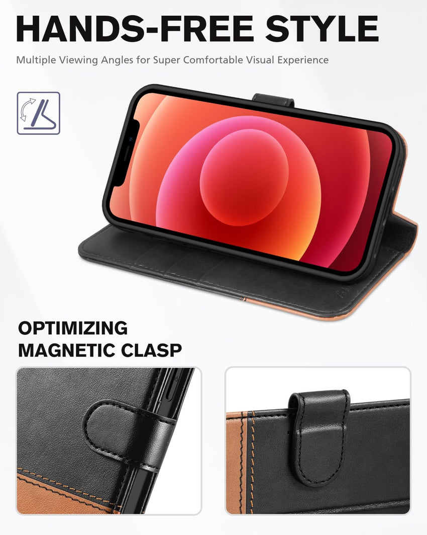 iPhone 12 /iPhone 12 Pro 5G, RFID Blocking Card Slot Stand [Shockproof TPU Interior Case] PU Leather Magnetic Protect Flip Cover Compatible with iPhone 12 Pro/12 6.1 - inch, Black - 7DAY'S