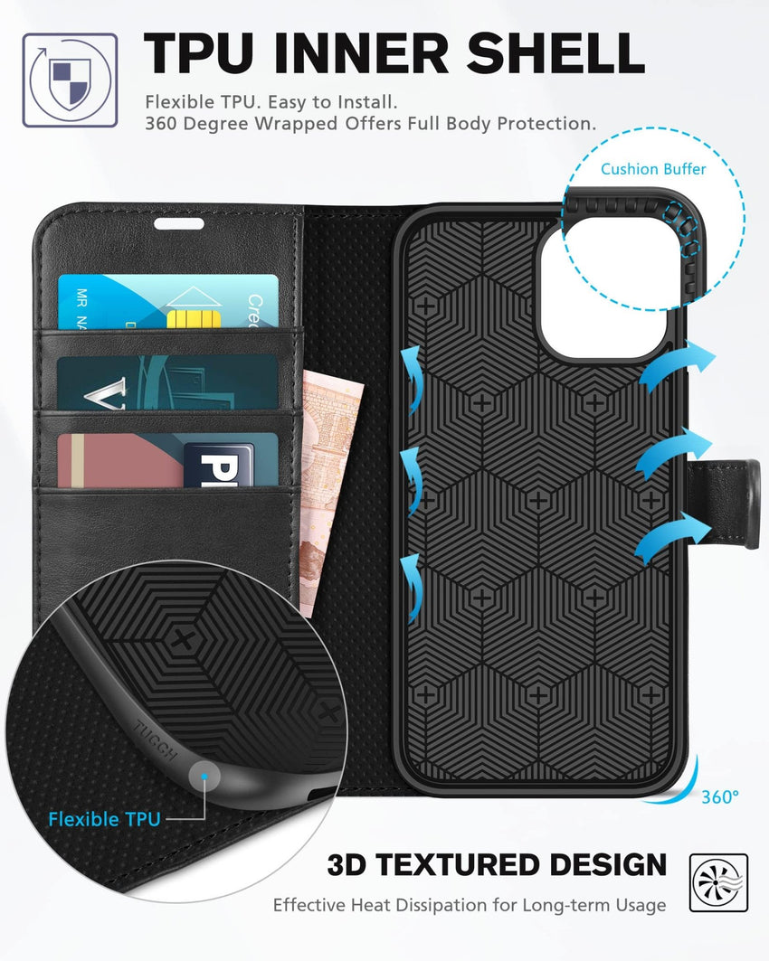 iPhone 12 /iPhone 12 Pro 5G, RFID Blocking Card Slot Stand [Shockproof TPU Interior Case] PU Leather Magnetic Protect Flip Cover Compatible with iPhone 12 Pro/12 6.1 - inch, Black - 7DAY'S