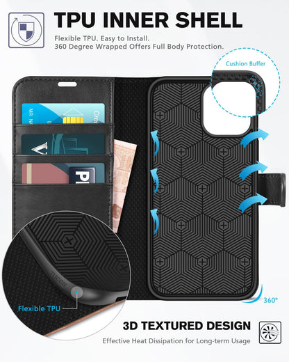 iPhone 12 /iPhone 12 Pro 5G, RFID Blocking Card Slot Stand [Shockproof TPU Interior Case] PU Leather Magnetic Protect Flip Cover Compatible with iPhone 12 Pro/12 6.1 - inch, Black - 7DAY'S