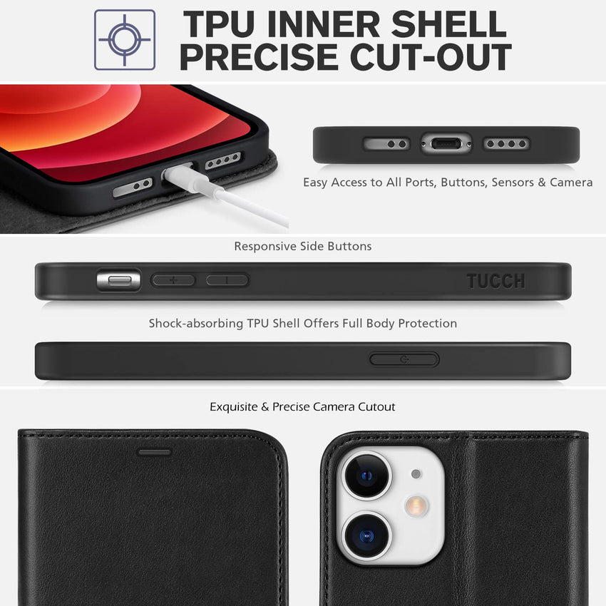 iPhone 12 Mini 5G, RFID Blocking Card Slot Stand [Shockproof TPU Interior Protect Case], PU Leather Magnetic Flip Folio Cover Compatible with iPhone 12 Mini 5.4 - inch, Black - 7DAY'S