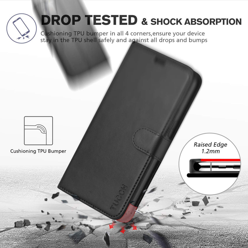 iPhone 12 Mini 5G, RFID Blocking Card Slot Stand [Shockproof TPU Interior Protect Case], PU Leather Magnetic Flip Folio Cover Compatible with iPhone 12 Mini 5.4 - inch, Black - 7DAY'S