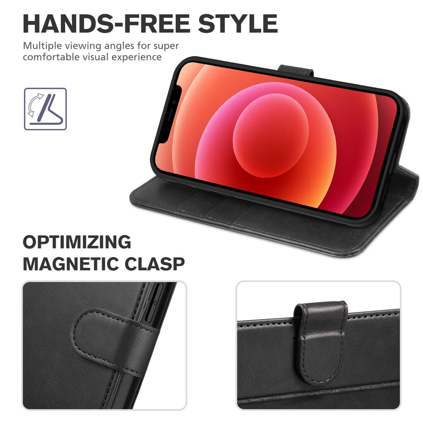 iPhone 12 Mini 5G, RFID Blocking Card Slot Stand [Shockproof TPU Interior Protect Case], PU Leather Magnetic Flip Folio Cover Compatible with iPhone 12 Mini 5.4 - inch, Black - 7DAY'S