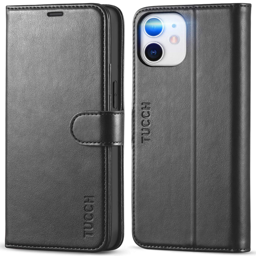 iPhone 12 Mini 5G, RFID Blocking Card Slot Stand [Shockproof TPU Interior Protect Case], PU Leather Magnetic Flip Folio Cover Compatible with iPhone 12 Mini 5.4 - inch, Black - 7DAY'S