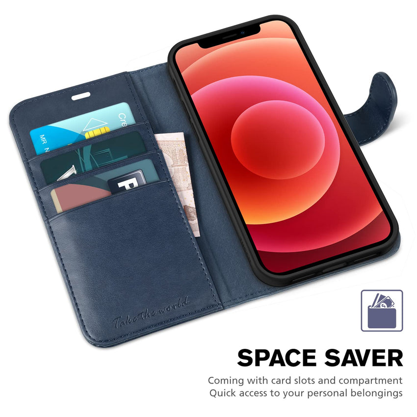iPhone 12 Mini 5G, RFID Blocking Card Slot Stand [Shockproof TPU Interior Protect Case], PU Leather Magnetic Flip Folio Cover Compatible with iPhone 12 Mini 5.4 - inch, Black - 7DAY'S