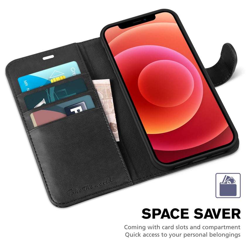 iPhone 12 Mini 5G, RFID Blocking Card Slot Stand [Shockproof TPU Interior Protect Case], PU Leather Magnetic Flip Folio Cover Compatible with iPhone 12 Mini 5.4 - inch, Black - 7DAY'S