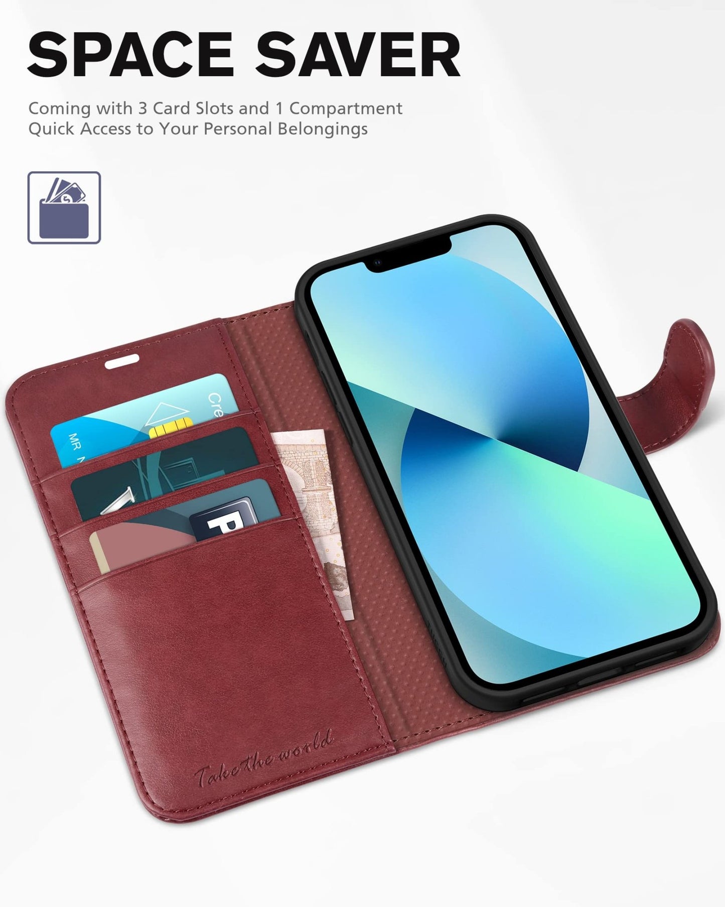 iPhone 13 6.1 - inch 5G, [RFID Blocking] Card Slots Holder Stand [Shockproof TPU Interior Case] PU Leather Magnetic Protective Flip Cover Compatible with iPhone 13, Plum Purple - 7DAY'S