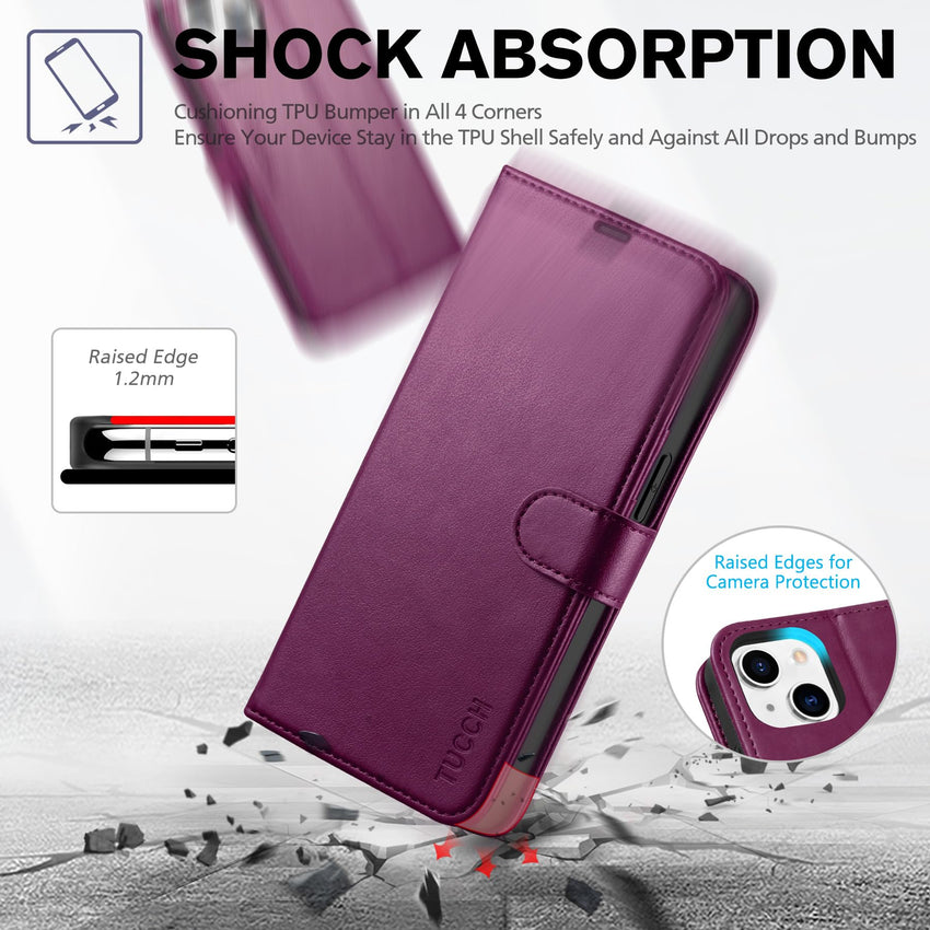iPhone 13 6.1 - inch 5G, [RFID Blocking] Card Slots Holder Stand [Shockproof TPU Interior Case] PU Leather Magnetic Protective Flip Cover Compatible with iPhone 13, Plum Purple - 7DAY'S