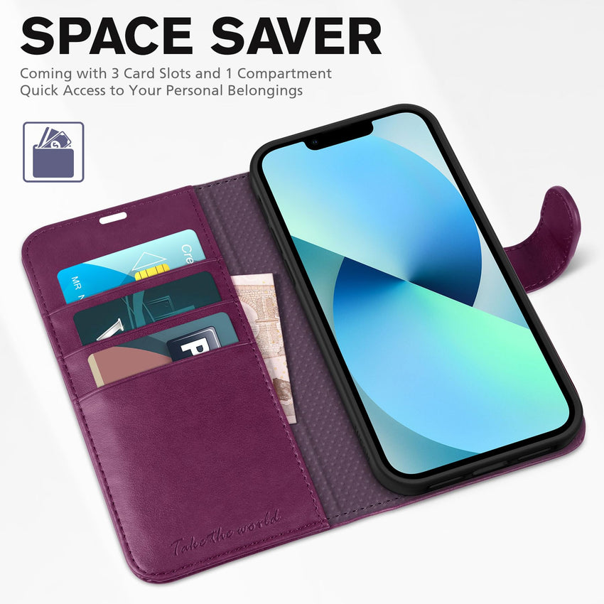 iPhone 13 6.1 - inch 5G, [RFID Blocking] Card Slots Holder Stand [Shockproof TPU Interior Case] PU Leather Magnetic Protective Flip Cover Compatible with iPhone 13, Plum Purple - 7DAY'S