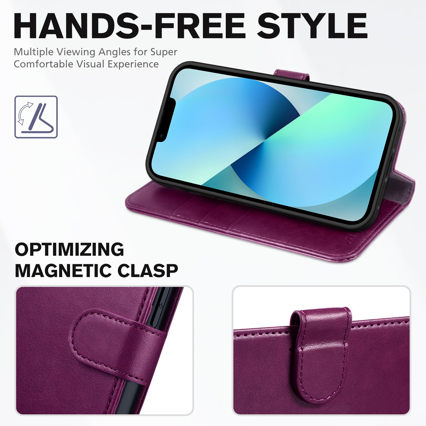 iPhone 13 6.1 - inch 5G, [RFID Blocking] Card Slots Holder Stand [Shockproof TPU Interior Case] PU Leather Magnetic Protective Flip Cover Compatible with iPhone 13, Plum Purple - 7DAY'S