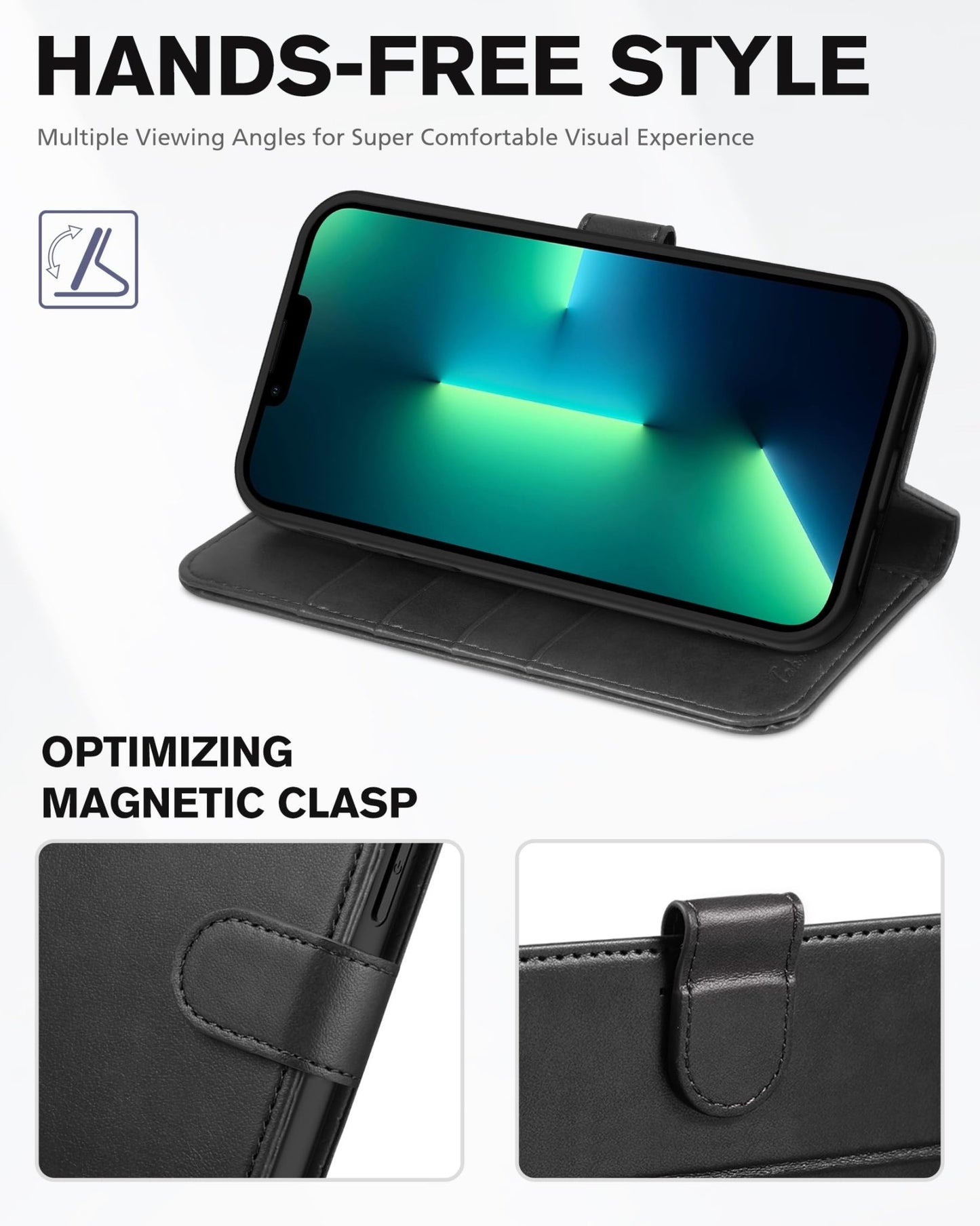 iPhone 13 Pro Max, RFID Blocking, 4 Card Slots, Stand Shockproof TPU Interior Shell, PU Leather Magnetic Flip Cover, Black - 7DAY'S