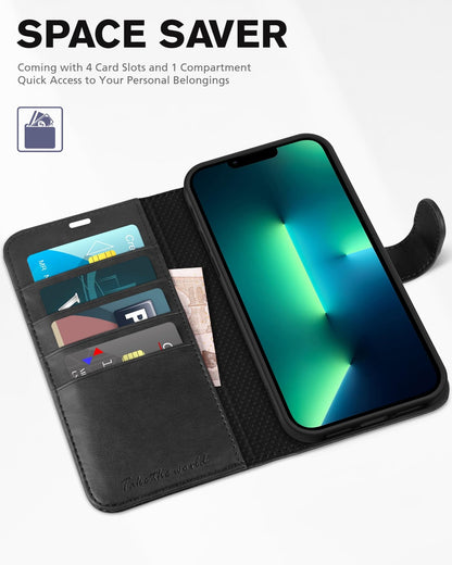 iPhone 13 Pro Max, RFID Blocking, 4 Card Slots, Stand Shockproof TPU Interior Shell, PU Leather Magnetic Flip Cover, Black - 7DAY'S