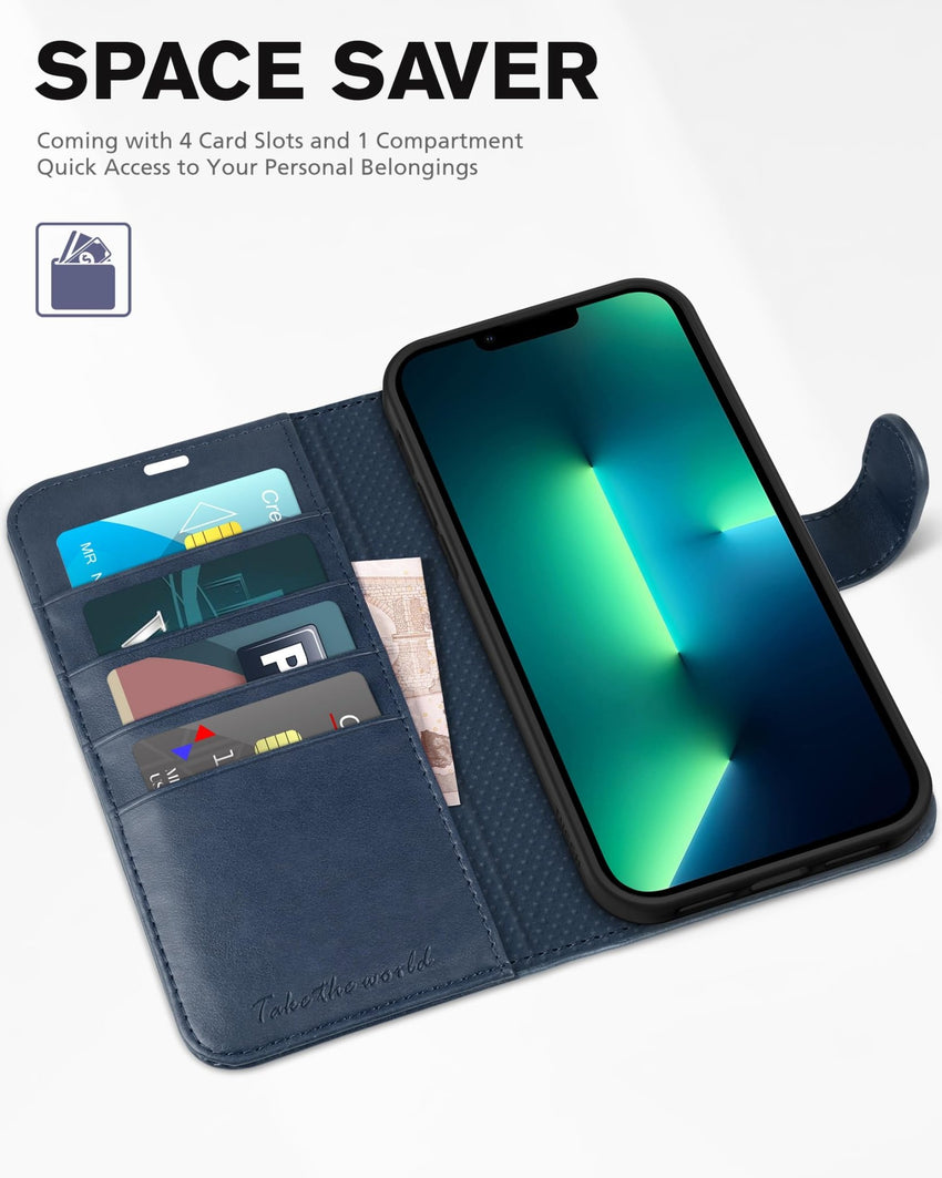 iPhone 13 Pro Max, RFID Blocking, 4 Card Slots, Stand Shockproof TPU Interior Shell, PU Leather Magnetic Flip Cover, Black - 7DAY'S