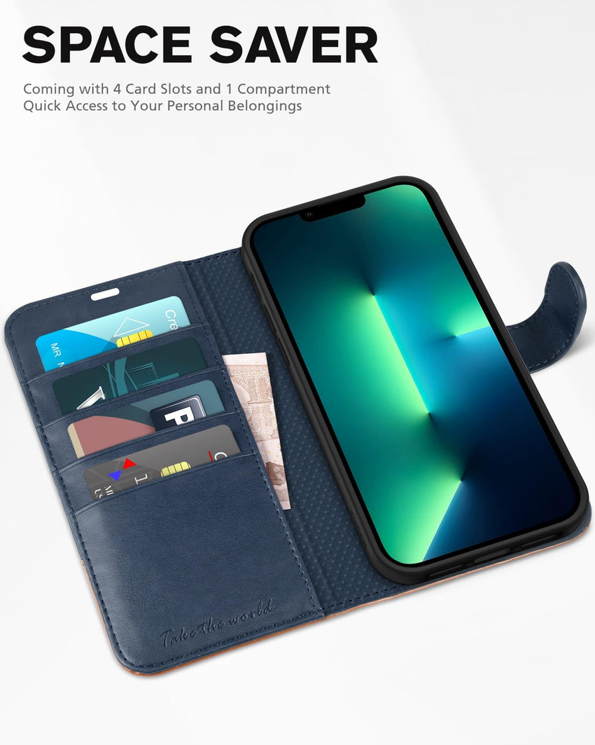 iPhone 13 Pro Max, RFID Blocking, 4 Card Slots, Stand Shockproof TPU Interior Shell, PU Leather Magnetic Flip Cover, Black - 7DAY'S