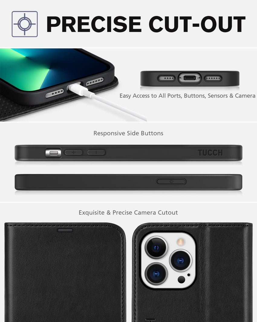 iPhone 13 Pro Max, RFID Blocking, 4 Card Slots, Stand Shockproof TPU Interior Shell, PU Leather Magnetic Flip Cover, Black - 7DAY'S