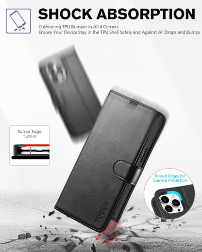 iPhone 13 Pro Max, RFID Blocking, 4 Card Slots, Stand Shockproof TPU Interior Shell, PU Leather Magnetic Flip Cover, Black - 7DAY'S
