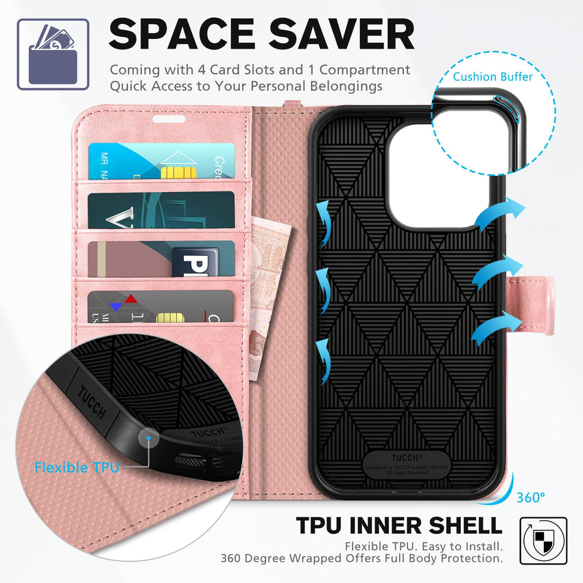 iPhone 14 Pro 5G, [RFID Blocking] 4 Card Holder Stand [Shockproof TPU Interior Case] PU Leather Magnetic Protective Flip Cover Compatible with iPhone 14 Pro 6.1" 2022, Black - 7DAY'S