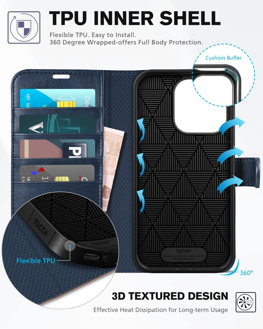 iPhone 14 Pro 5G, [RFID Blocking] 4 Card Holder Stand [Shockproof TPU Interior Case] PU Leather Magnetic Protective Flip Cover Compatible with iPhone 14 Pro 6.1" 2022, Black - 7DAY'S