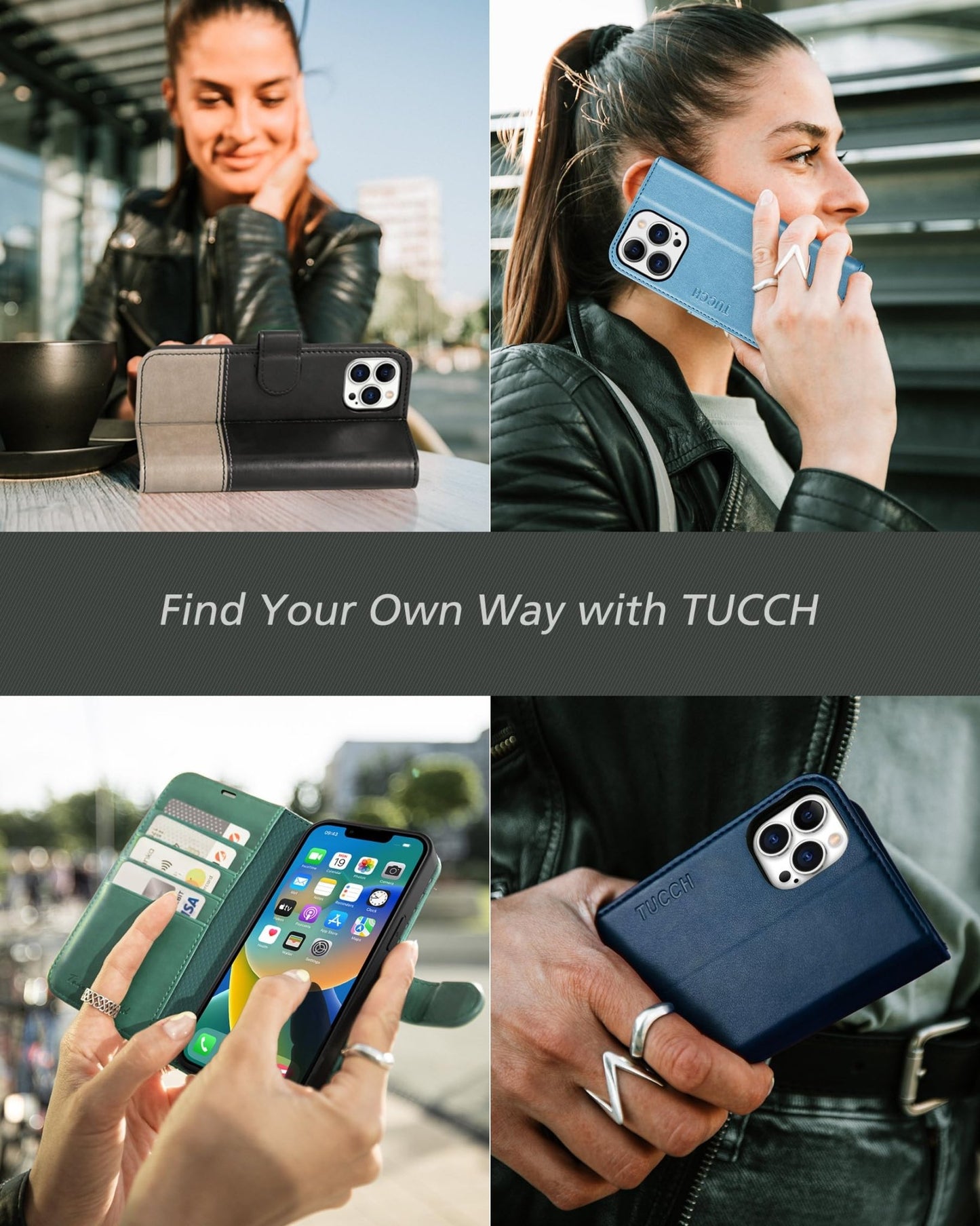 iPhone 14 Pro 5G, [RFID Blocking] 4 Card Holder Stand [Shockproof TPU Interior Case] PU Leather Magnetic Protective Flip Cover Compatible with iPhone 14 Pro 6.1" 2022, Black - 7DAY'S