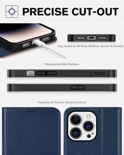 iPhone 14 Pro 5G, [RFID Blocking] 4 Card Holder Stand [Shockproof TPU Interior Case] PU Leather Magnetic Protective Flip Cover Compatible with iPhone 14 Pro 6.1" 2022, Black - 7DAY'S