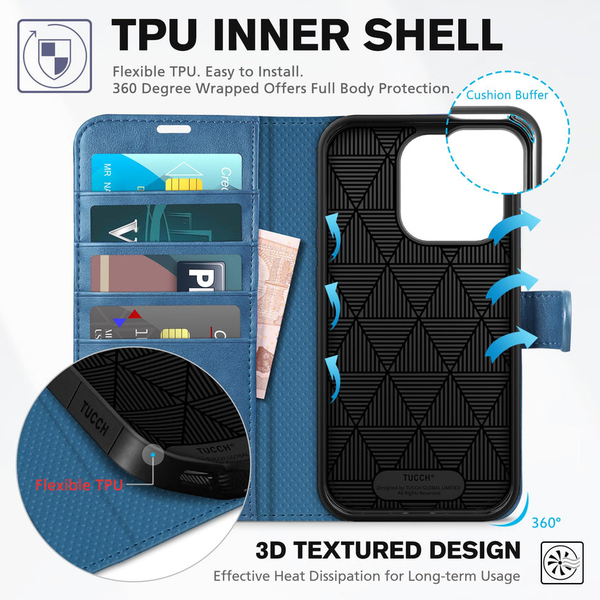 iPhone 14 Pro 5G, [RFID Blocking] 4 Card Holder Stand [Shockproof TPU Interior Case] PU Leather Magnetic Protective Flip Cover Compatible with iPhone 14 Pro 6.1" 2022, Black - 7DAY'S
