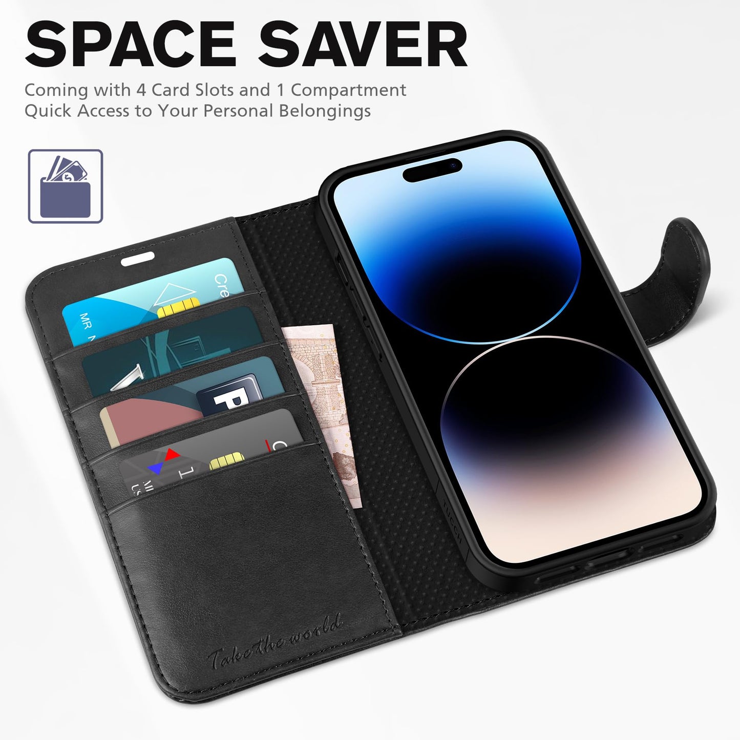iPhone 14 Pro 5G, [RFID Blocking] 4 Card Holder Stand [Shockproof TPU Interior Case] PU Leather Magnetic Protective Flip Cover Compatible with iPhone 14 Pro 6.1" 2022, Black - 7DAY'S