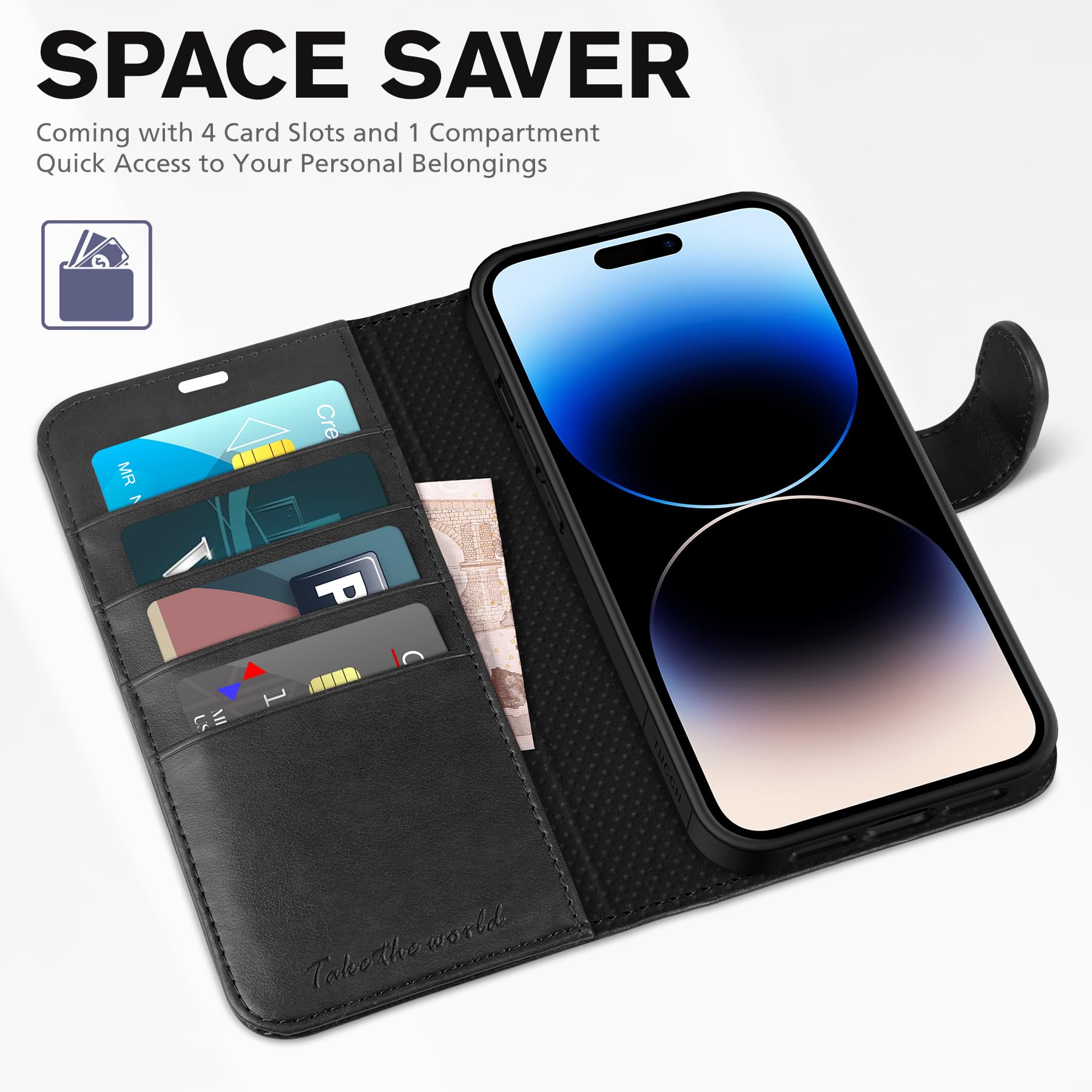 iPhone 14 Pro 5G, [RFID Blocking] 4 Card Holder Stand [Shockproof TPU Interior Case] PU Leather Magnetic Protective Flip Cover Compatible with iPhone 14 Pro 6.1" 2022, Black - 7DAY'S
