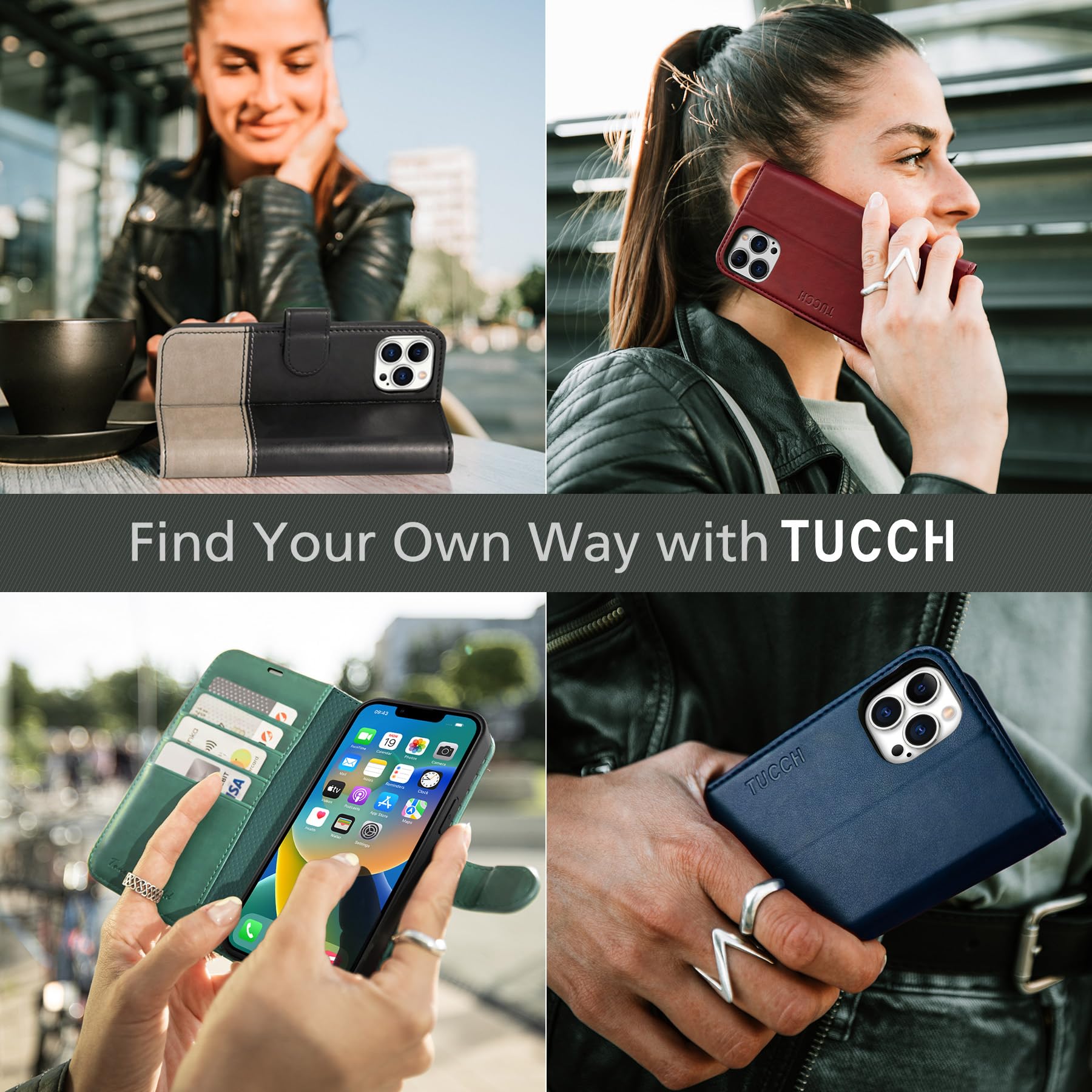 iPhone 14 Pro 5G, [RFID Blocking] 4 Card Holder Stand [Shockproof TPU Interior Case] PU Leather Magnetic Protective Flip Cover Compatible with iPhone 14 Pro 6.1" 2022, Black - 7DAY'S
