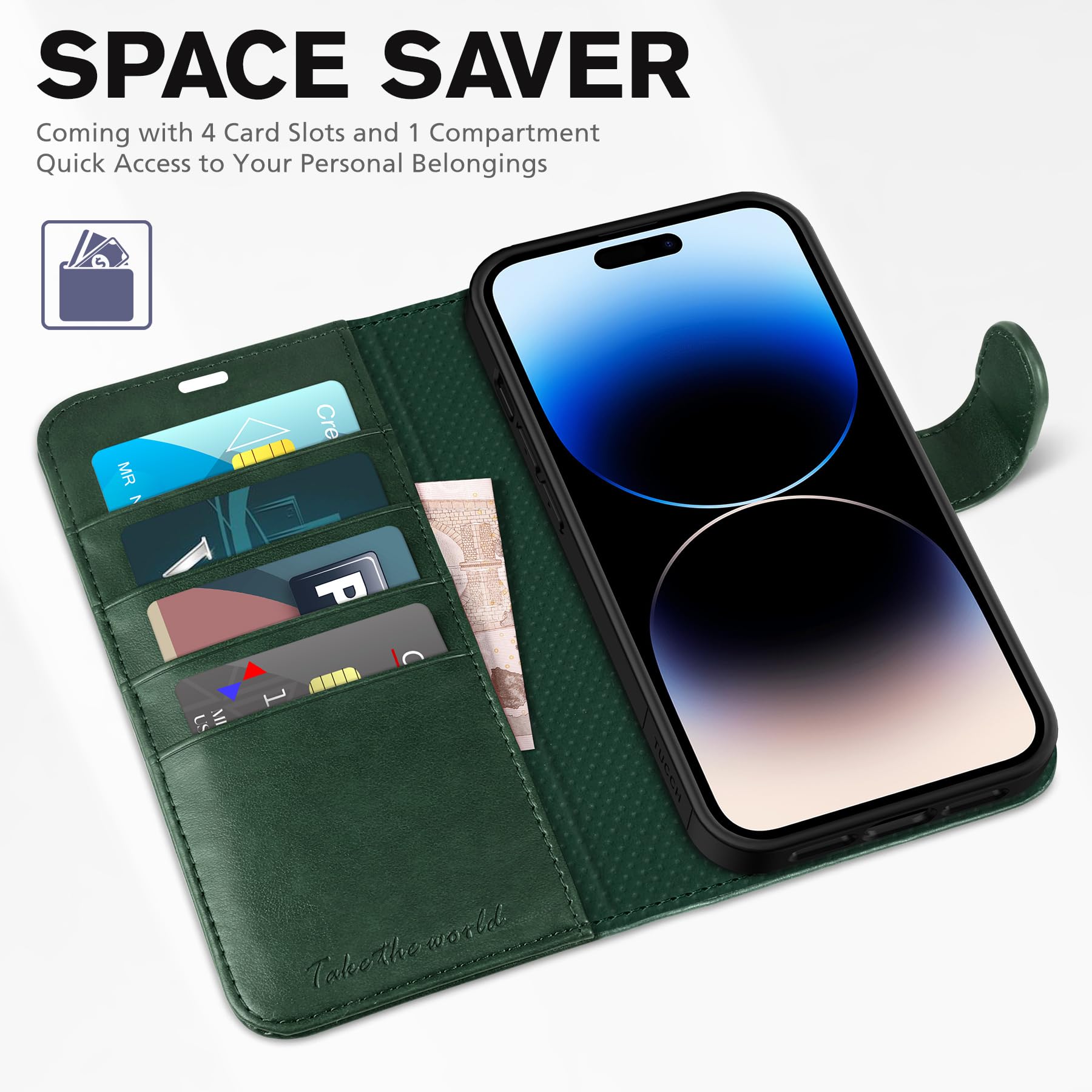 iPhone 14 Pro 5G, [RFID Blocking] 4 Card Holder Stand [Shockproof TPU Interior Case] PU Leather Magnetic Protective Flip Cover Compatible with iPhone 14 Pro 6.1" 2022, Black - 7DAY'S