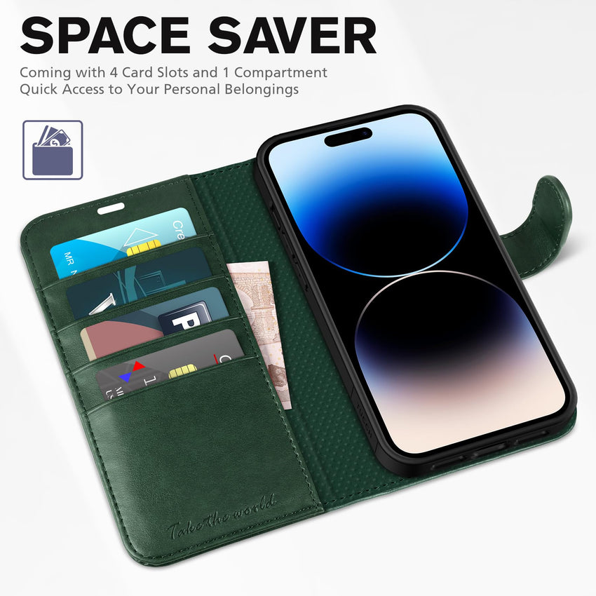 iPhone 14 Pro 5G, [RFID Blocking] 4 Card Holder Stand [Shockproof TPU Interior Case] PU Leather Magnetic Protective Flip Cover Compatible with iPhone 14 Pro 6.1" 2022, Black - 7DAY'S