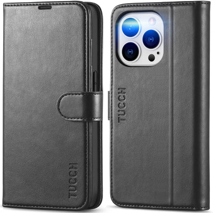 iPhone 14 Pro 5G, [RFID Blocking] 4 Card Holder Stand [Shockproof TPU Interior Case] PU Leather Magnetic Protective Flip Cover Compatible with iPhone 14 Pro 6.1" 2022, Black - 7DAY'S