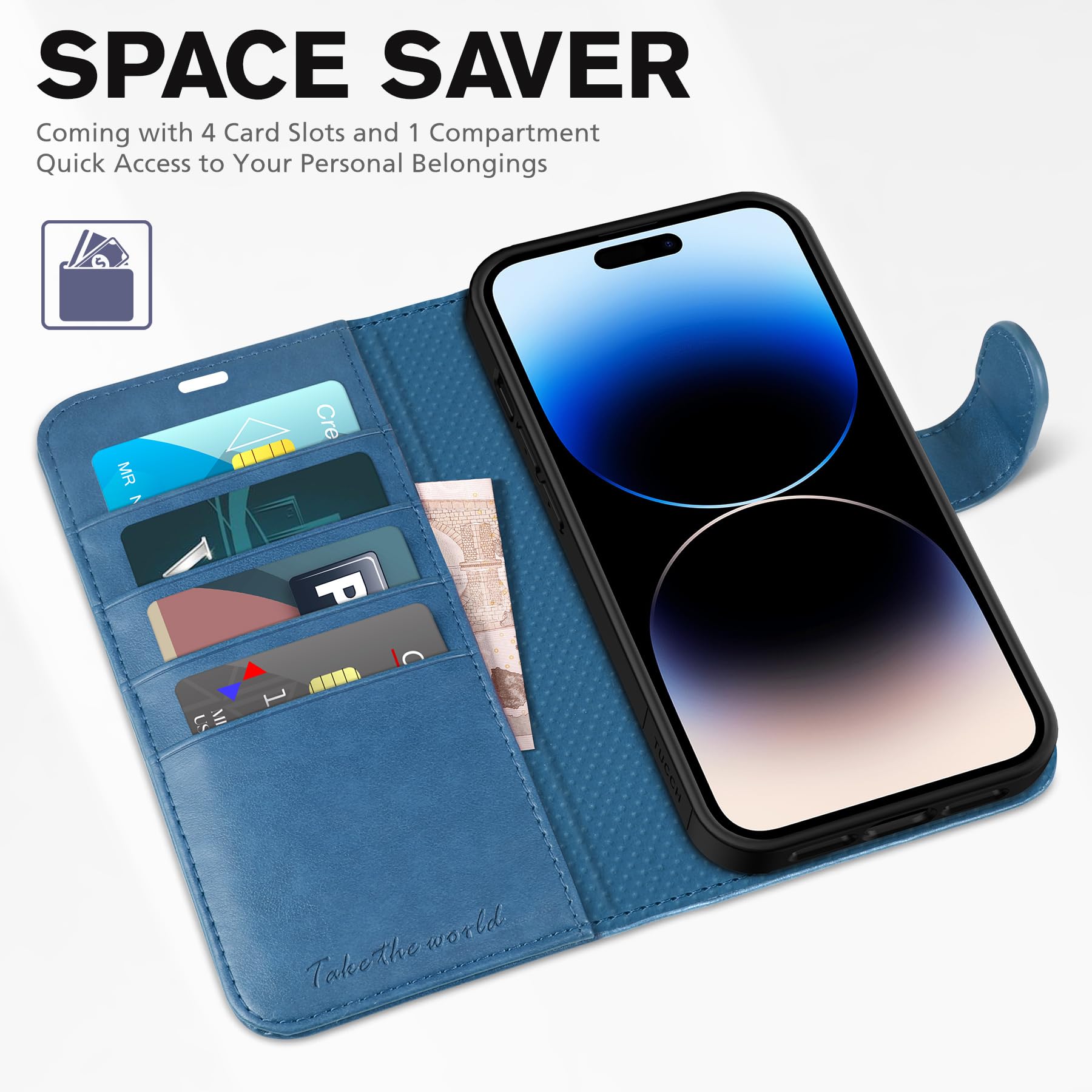iPhone 14 Pro 5G, [RFID Blocking] 4 Card Holder Stand [Shockproof TPU Interior Case] PU Leather Magnetic Protective Flip Cover Compatible with iPhone 14 Pro 6.1" 2022, Black - 7DAY'S