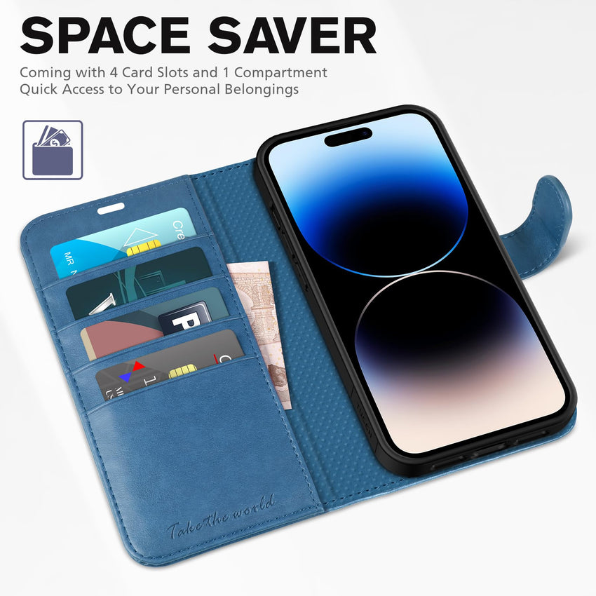 iPhone 14 Pro 5G, [RFID Blocking] 4 Card Holder Stand [Shockproof TPU Interior Case] PU Leather Magnetic Protective Flip Cover Compatible with iPhone 14 Pro 6.1" 2022, Black - 7DAY'S