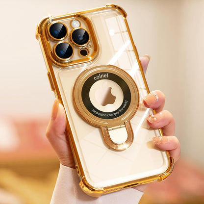 iPhone 14 Pro Max Case with Integrated Lens Protection, [Foldable Stand & Ring Holder], Glossy Shockproof Bumper Stylish Women Case for iPhone 14 Pro Max, Gold - 7DAY'S