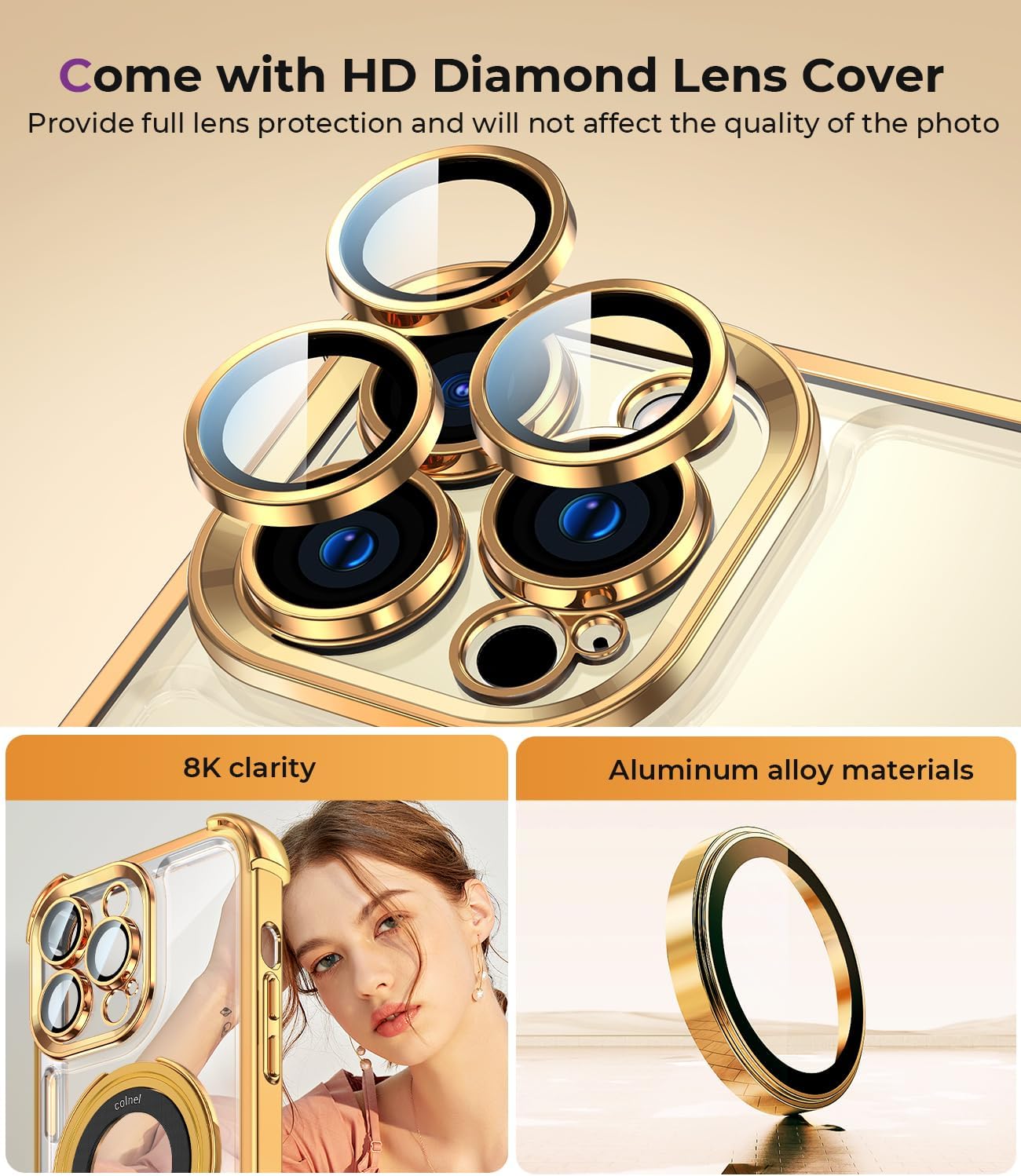 iPhone 14 Pro Max Case with Integrated Lens Protection, [Foldable Stand & Ring Holder], Glossy Shockproof Bumper Stylish Women Case for iPhone 14 Pro Max, Gold - 7DAY'S