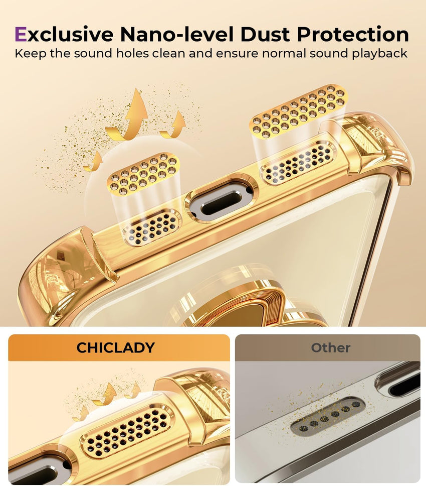 iPhone 14 Pro Max Case with Integrated Lens Protection, [Foldable Stand & Ring Holder], Glossy Shockproof Bumper Stylish Women Case for iPhone 14 Pro Max, Gold - 7DAY'S
