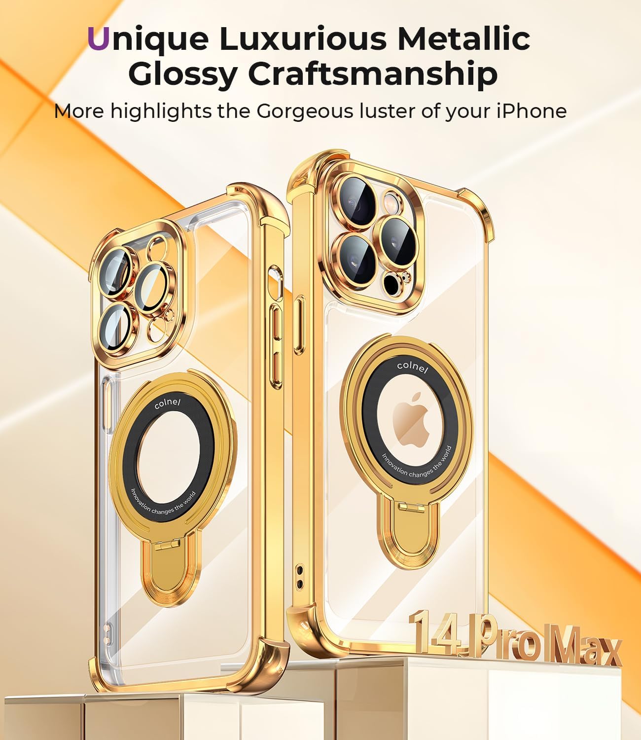 iPhone 14 Pro Max Case with Integrated Lens Protection, [Foldable Stand & Ring Holder], Glossy Shockproof Bumper Stylish Women Case for iPhone 14 Pro Max, Gold - 7DAY'S