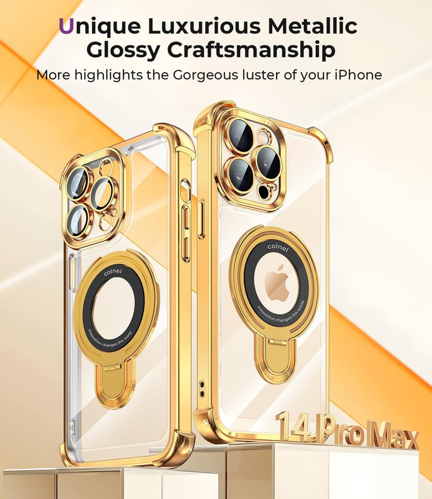 iPhone 14 Pro Max Case with Integrated Lens Protection, [Foldable Stand & Ring Holder], Glossy Shockproof Bumper Stylish Women Case for iPhone 14 Pro Max, Gold - 7DAY'S
