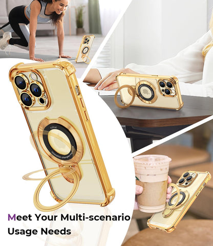 iPhone 14 Pro Max Case with Integrated Lens Protection, [Foldable Stand & Ring Holder], Glossy Shockproof Bumper Stylish Women Case for iPhone 14 Pro Max, Gold - 7DAY'S