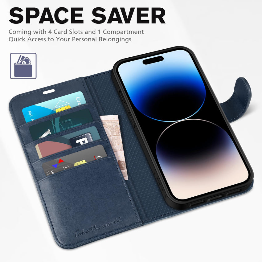 iPhone 14 Pro Max, [RFID Blocking] 4 Card Holder Stand [Shockproof TPU Interior Case] PU Leather Magnetic Protective Flip Cover Compatible with iPhone 14 Pro Max 6.7", Black - 7DAY'S