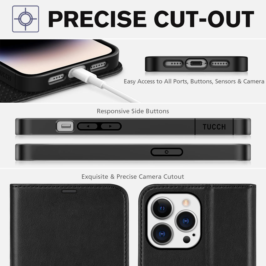 iPhone 14 Pro Max, [RFID Blocking] 4 Card Holder Stand [Shockproof TPU Interior Case] PU Leather Magnetic Protective Flip Cover Compatible with iPhone 14 Pro Max 6.7", Black - 7DAY'S
