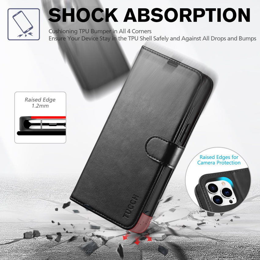 iPhone 14 Pro Max, [RFID Blocking] 4 Card Holder Stand [Shockproof TPU Interior Case] PU Leather Magnetic Protective Flip Cover Compatible with iPhone 14 Pro Max 6.7", Black - 7DAY'S