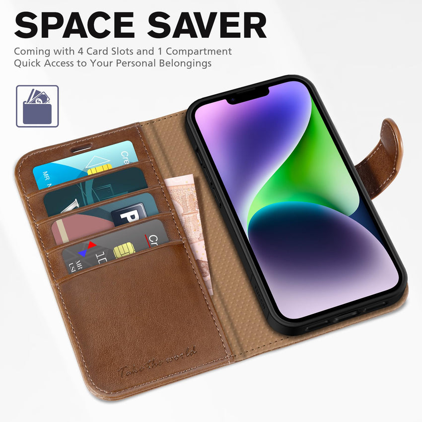 iPhone 14, [RFID Blocking] 4 Card Holder Stand [Shockproof TPU Interior Shell], PU Leather Magnetic Protective Flip Cover 6.1" 2022, Black - 7DAY'S