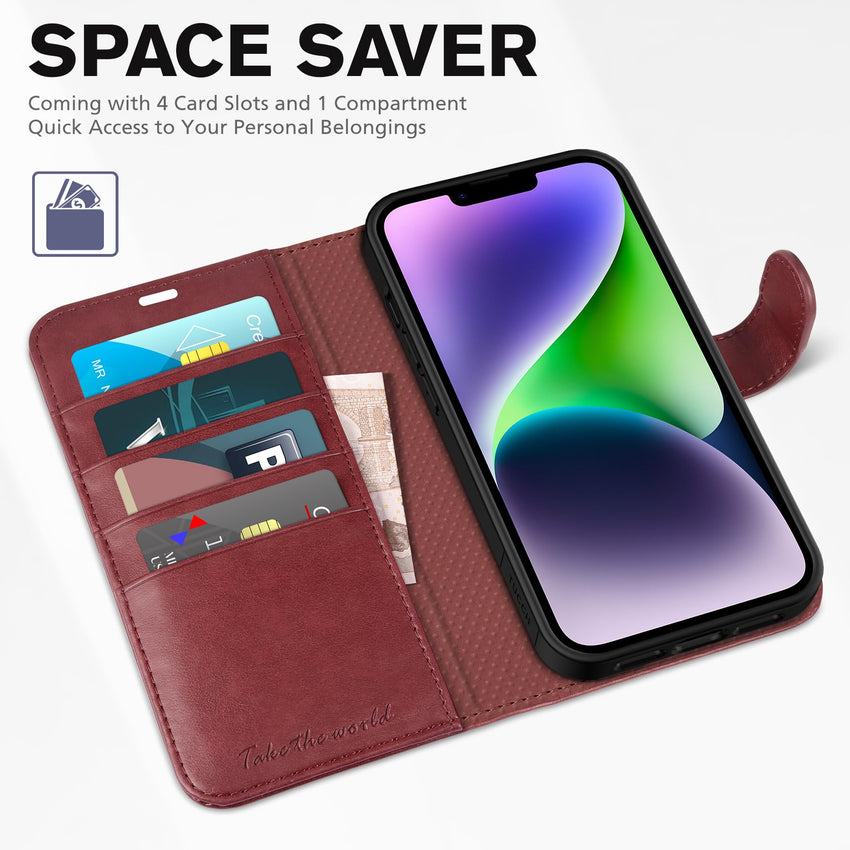 iPhone 14, [RFID Blocking] 4 Card Holder Stand [Shockproof TPU Interior Shell], PU Leather Magnetic Protective Flip Cover 6.1" 2022, Black - 7DAY'S