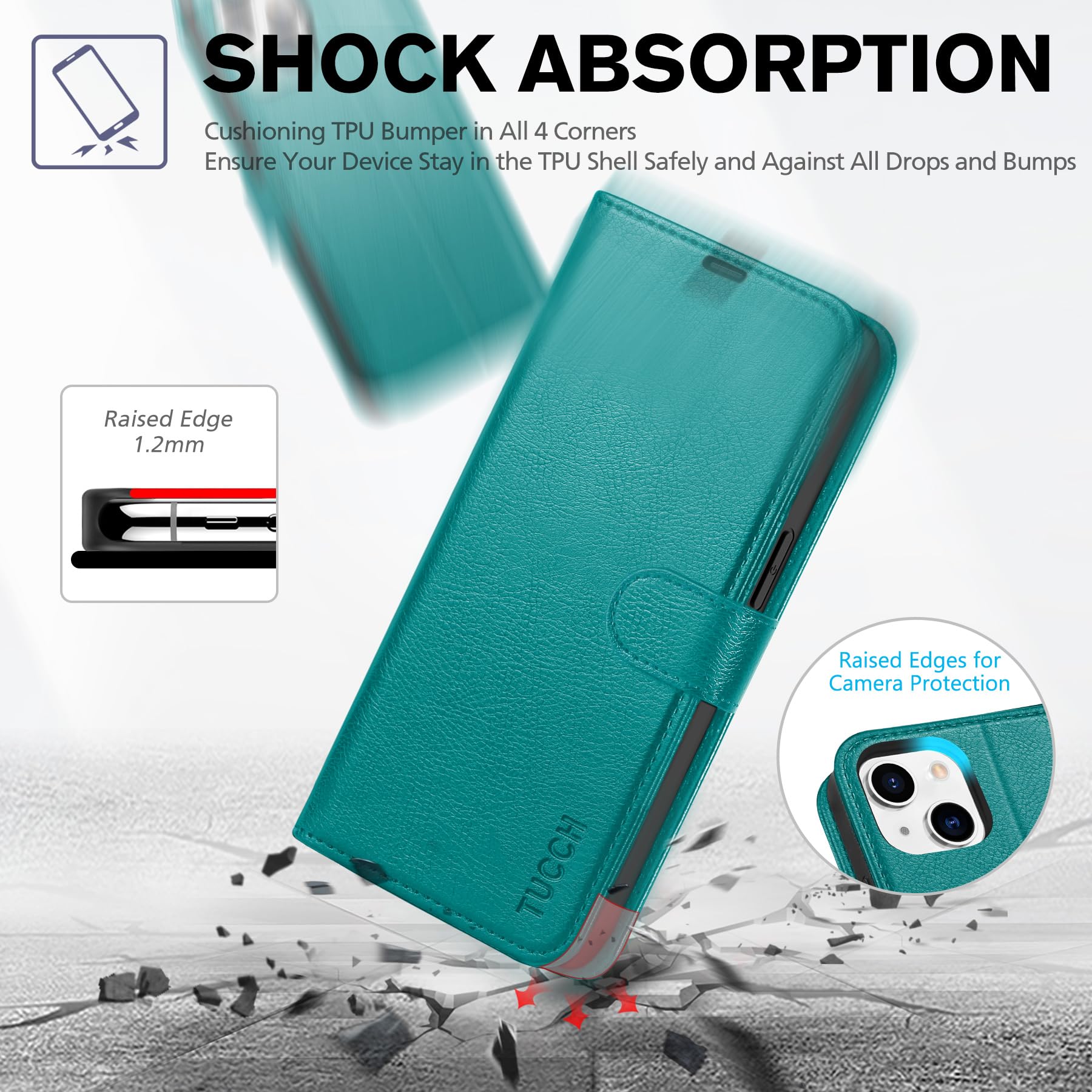 iPhone 14, [RFID Blocking] 4 Card Holder Stand [Shockproof TPU Interior Shell], PU Leather Magnetic Protective Flip Cover 6.1" 2022, Black - 7DAY'S