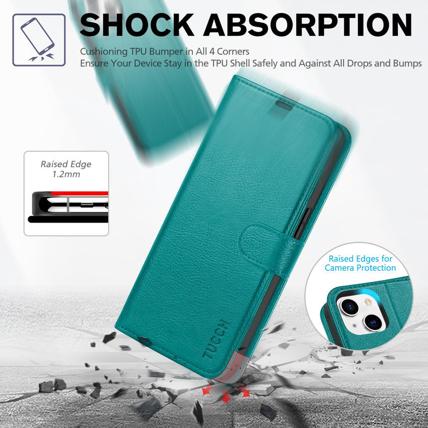 iPhone 14, [RFID Blocking] 4 Card Holder Stand [Shockproof TPU Interior Shell], PU Leather Magnetic Protective Flip Cover 6.1" 2022, Black - 7DAY'S